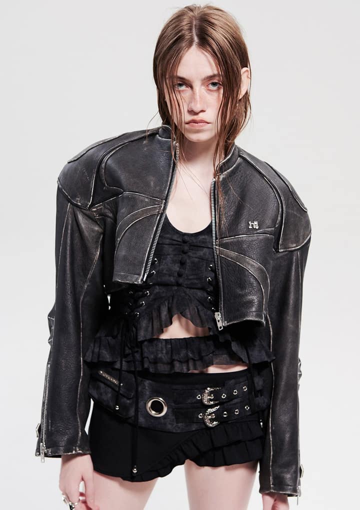 크롭 레이서 빈티지 양가죽 자켓 