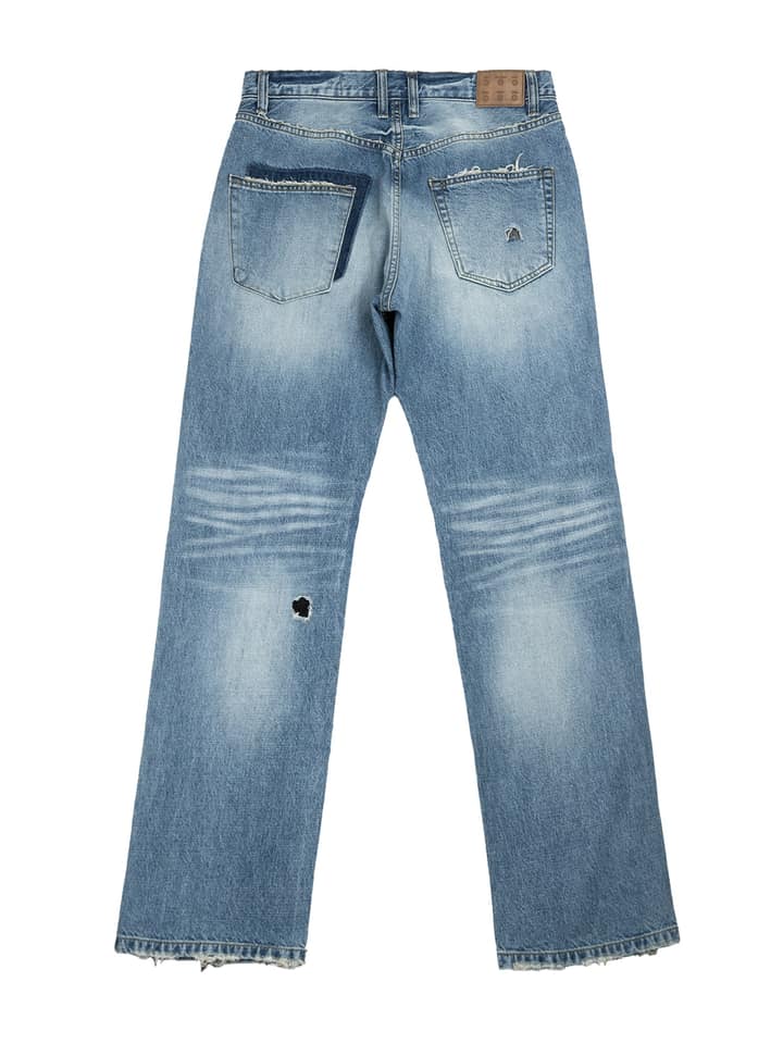 PATCHWORK TWISTED STRAIGHT DENIM PANTS (LIGHT BLUE)