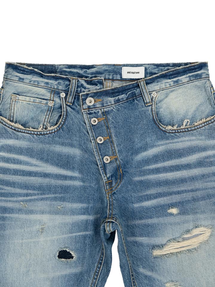PATCHWORK TWISTED STRAIGHT DENIM PANTS (LIGHT BLUE)