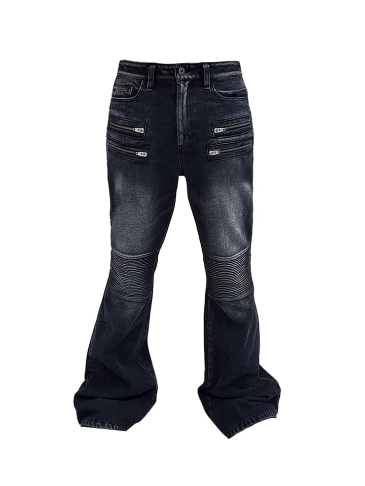 Washed Flared Biker Jeans