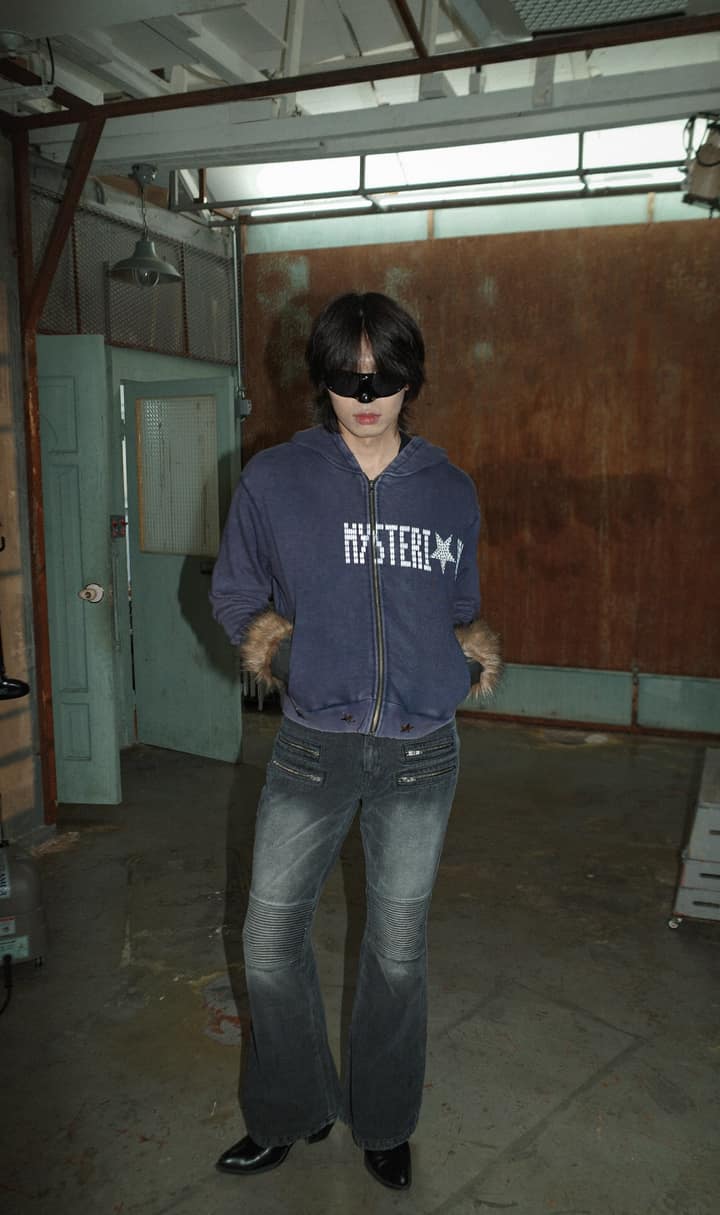 Washed Flared Biker Jeans
