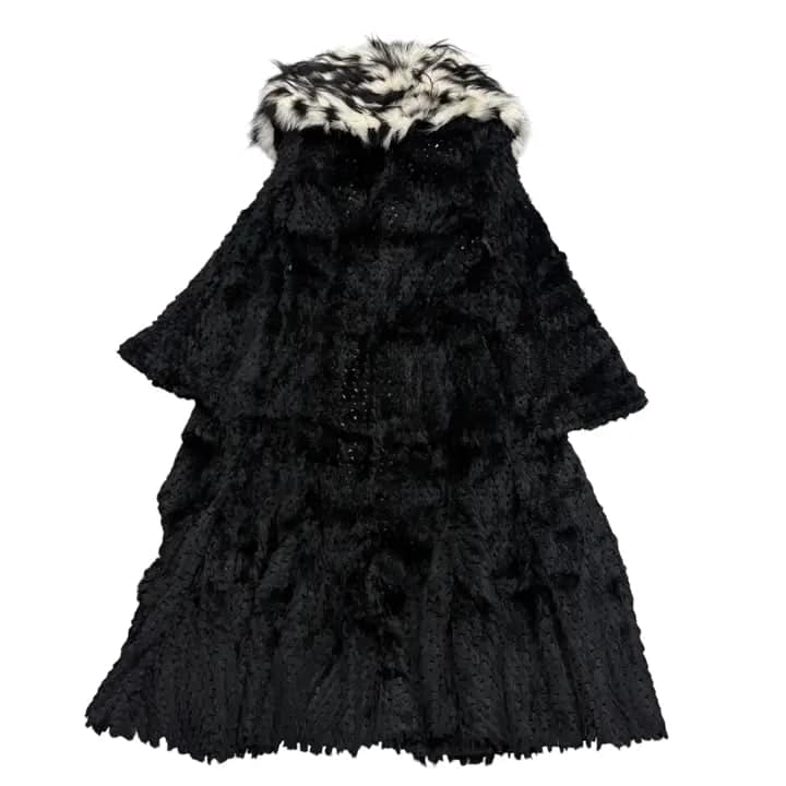 Giorgio Armani Black Sheared Mink Contrast Fox Collar Long Coat