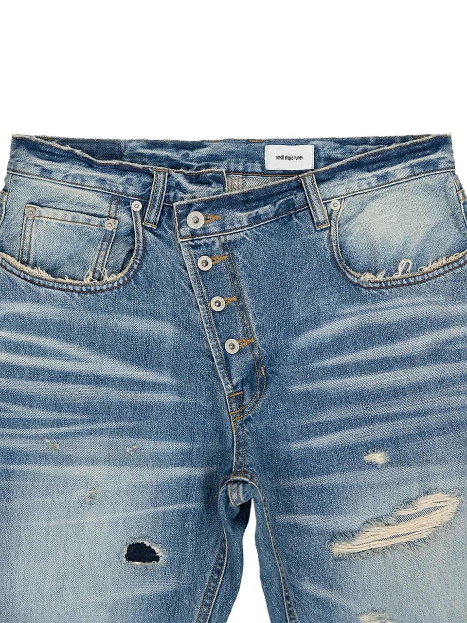 PATCHWORK TWISTED STRAIGHT DENIM PANTS (LIGHT BLUE)