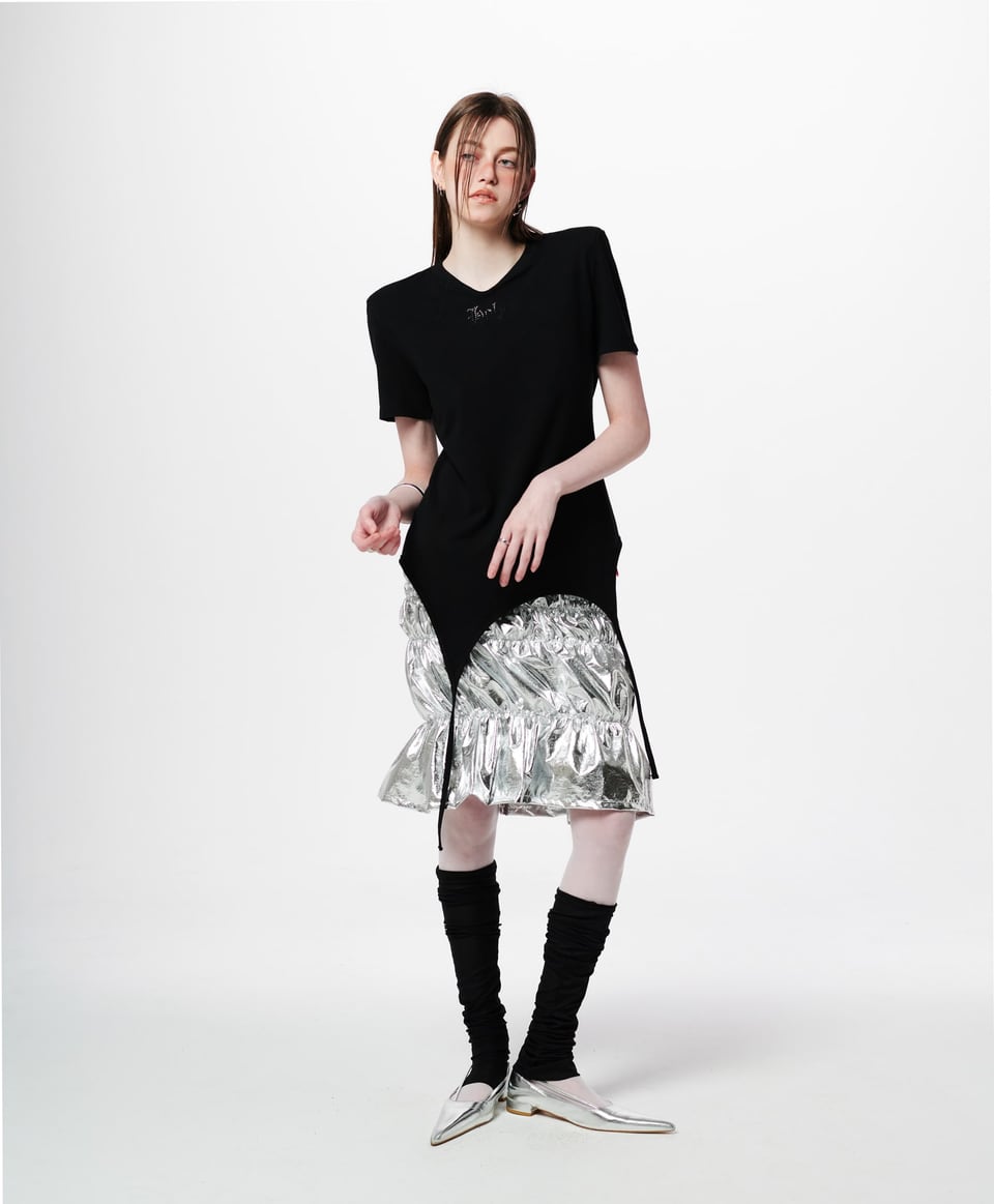 Tweed cancan shirring half-length skirt  Silver
