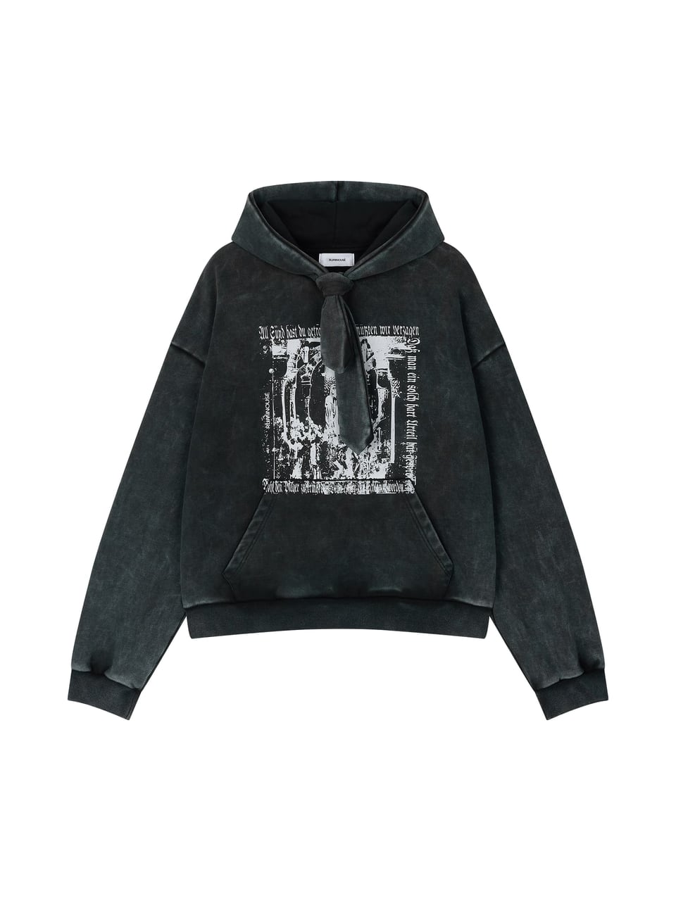 COTTON FADED WASHED FAKE SCARF HOODIE (BLACK)