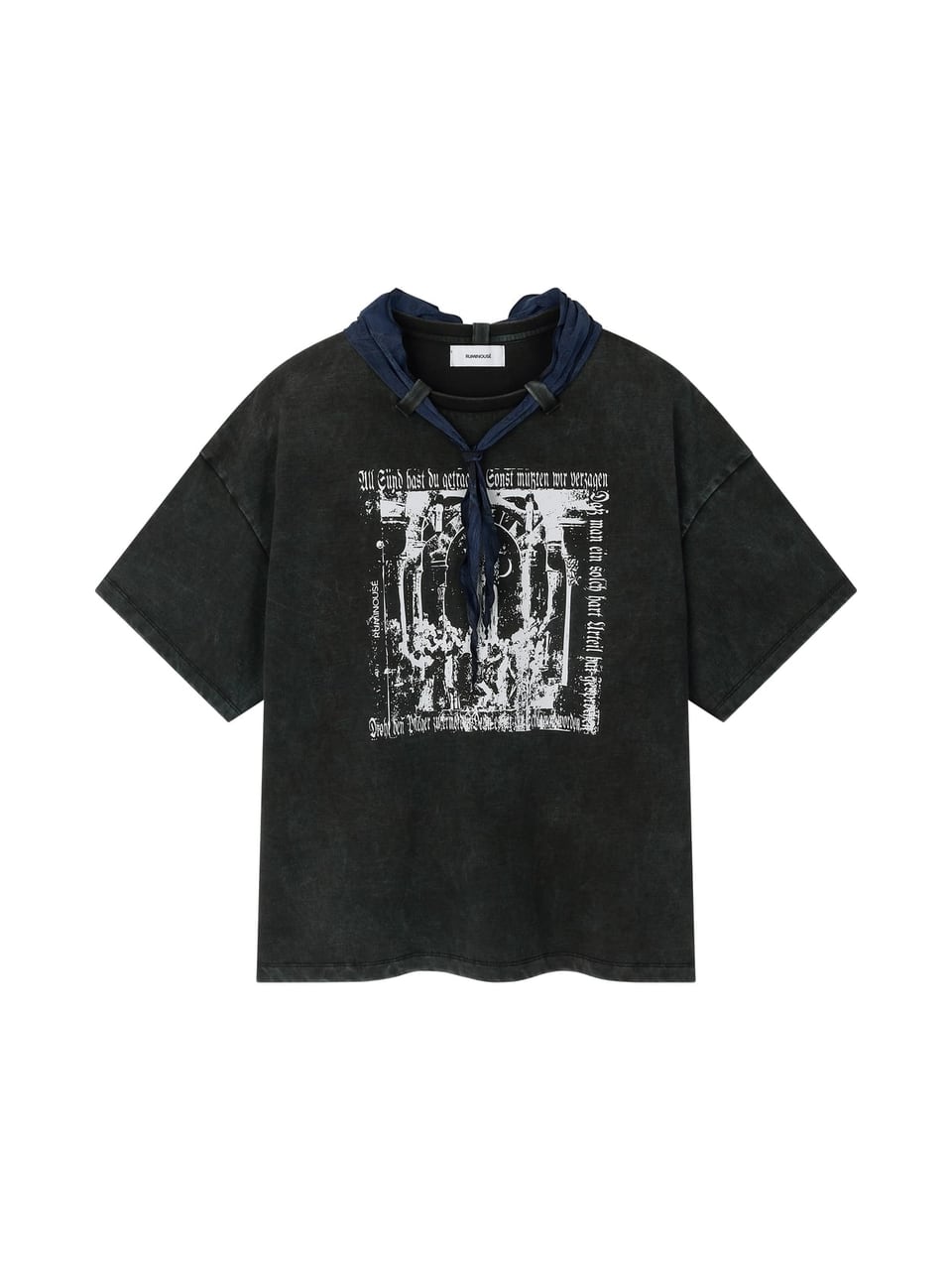 COTTON FADED WASHED RE-WORK SCARF T-SHIRT (BLACK)