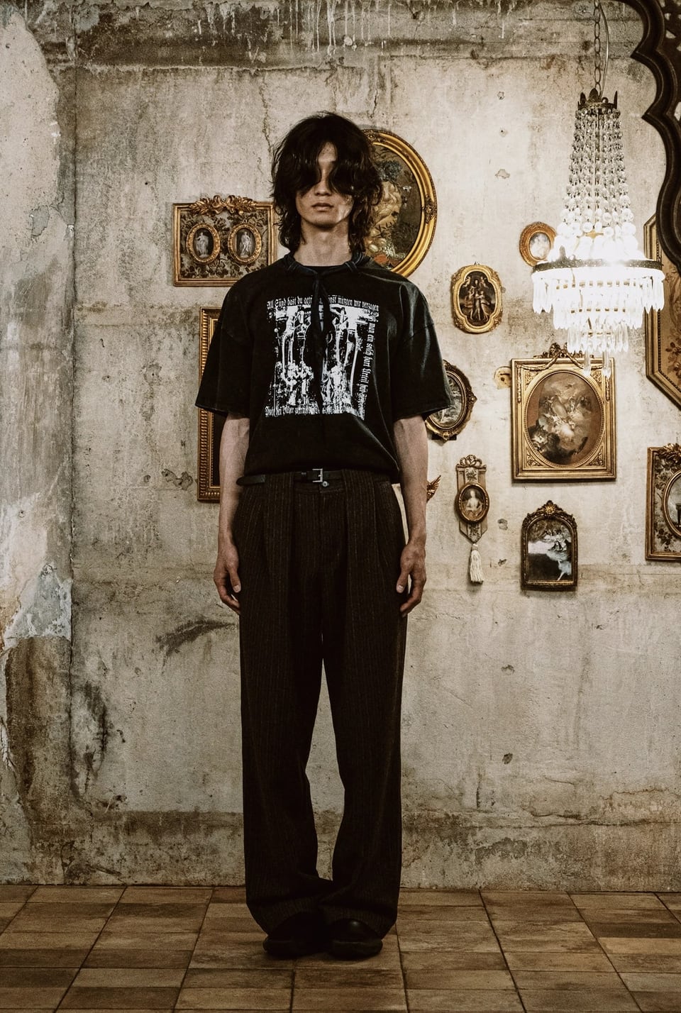 COTTON FADED WASHED RE-WORK SCARF T-SHIRT (WINE)