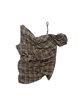 원숄더 셔링 블라우스_체크 브라운