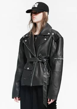 빈티지 레더 벨티드 자켓_블랙