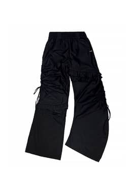 사이드 홀 스트링 언발란스 프릴 팬츠_블랙